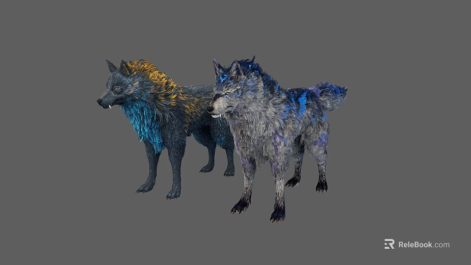Two Mythical Wolves With Vibrant Blue And Yellow Fur Standing Together 3d model 