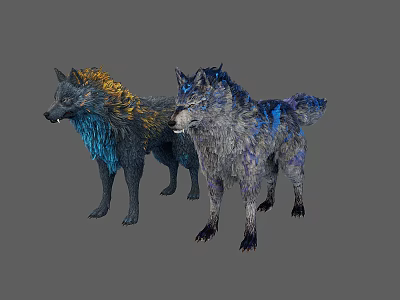 Two Mythical Wolves With Vibrant Blue And Yellow Fur Standing Together 3d model