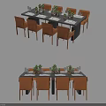 Modern Dining Table Set With Matching Chairs Tableware And Green Plants 3d model