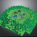 3D Green Landscape Model Surrounded By Forest With Central Circular Area And Small Buildings
