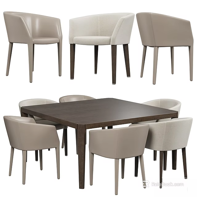 Contemporary Square Dark Wood Dining Table With Light Upholstered Chairs And Mixed Leg Colors 3d model 