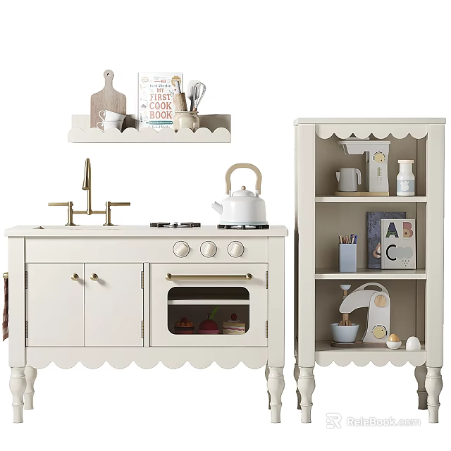 White Play Kitchen Cabinets With Shelf Kettle Mugs Books And Decor 3d model 