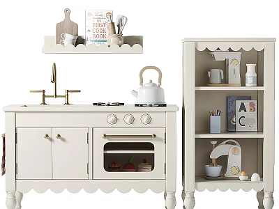 White Play Kitchen Cabinets With Shelf Kettle Mugs Books And Decor 3d model