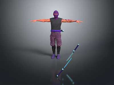 Purple Outfitted Ninja Character 3D Model With Black Vest And Blue Purple Staff 3d model