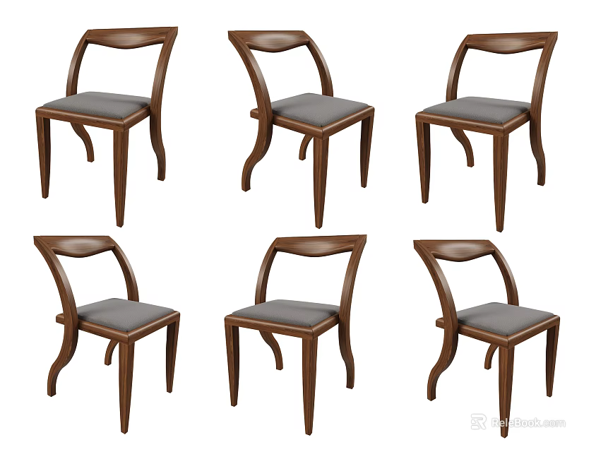 Wooden Frame Dining Chairs With Gray Upholstered Seat Set of Six 3d model 