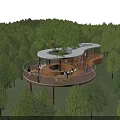 Beautiful Lush Forest Scenery With Unique Elevated Tree Top Leisure Pavilion Under Bright Blue Sky
