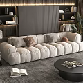 Beige Sectional Sofa in Modern Living Room with Bookshelves Indoor Plant and Coffee Table