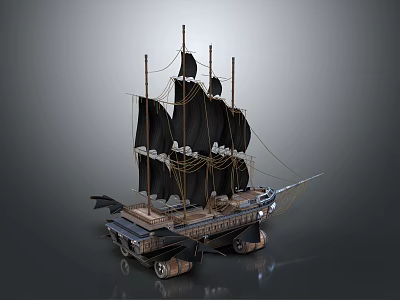 Wooden Ship With Black Sails Multiple Masts And Metal Hull Structural Details 3d model