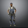 Construction Worker In Blue Overalls With Cap Tool Belt And Knee Pads