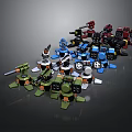 Colorful Lego Robot Models with Blue Green Red Black Colors and Various Poses