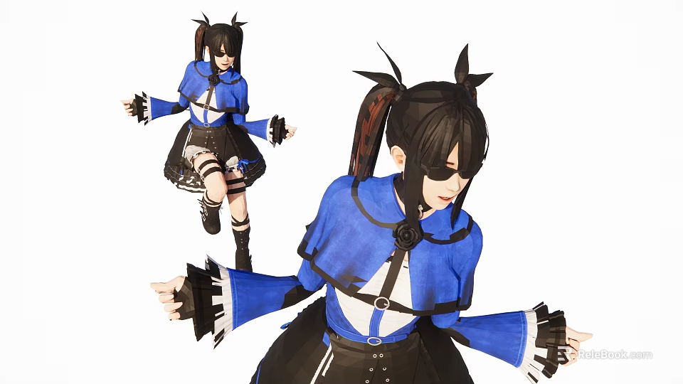 Woman In Blue Top And Black Skirt With Twin Ponytails And Ruffled Cuffs 3d model 