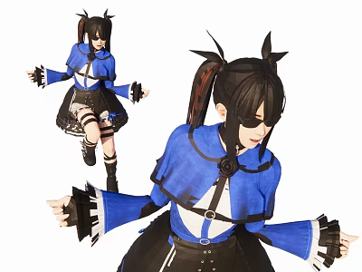 Woman In Blue Top And Black Skirt With Twin Ponytails And Ruffled Cuffs 3d model