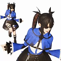 Woman In Blue Top And Black Skirt With Twin Ponytails And Ruffled Cuffs