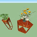 Chinese Style Wooden Plant Stands With Carved Design And Potted Green Plants And Yellow Flowers