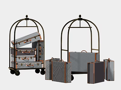Vintage Style Suitcases On Metal Frame Luggage Carts And Stacked Beside 3d model