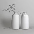 Two Brown Textured Ceramic Vases With Handles And Red Flower Branches 3d model