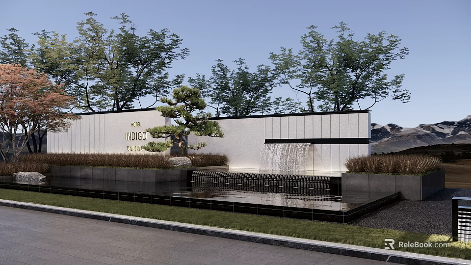 Modern Landscape Feature Wall with TIANSHUI Inscription Pine Tree and Waterfall Pool 3d model 