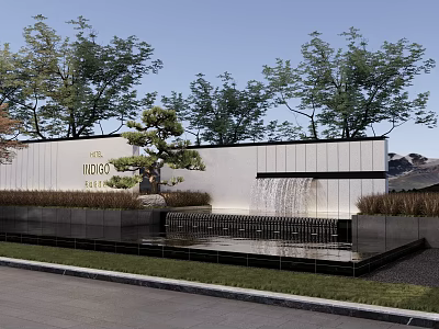 Modern Landscape Feature Wall with TIANSHUI Inscription Pine Tree and Waterfall Pool 3d model