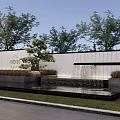 Modern Landscape Feature Wall with TIANSHUI Inscription Pine Tree and Waterfall Pool