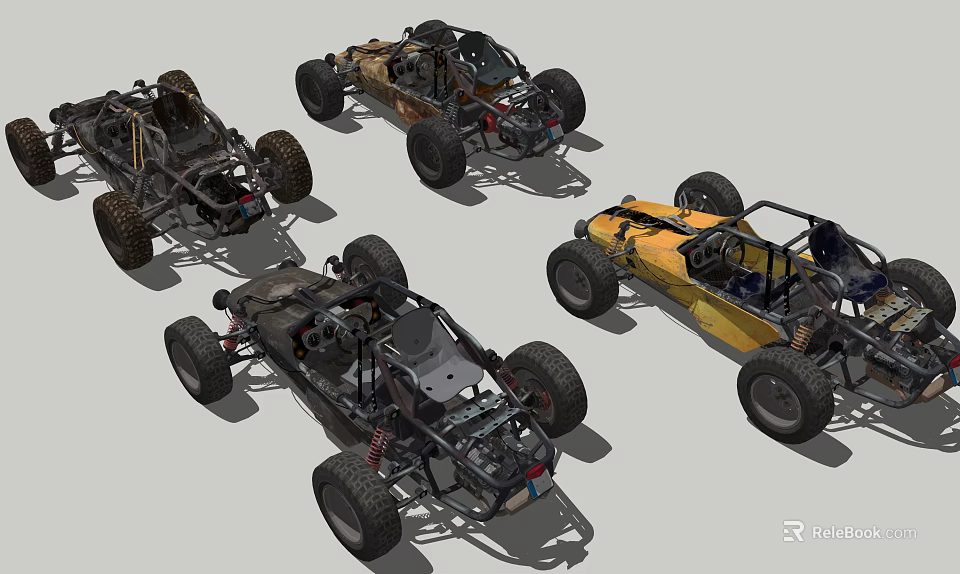 Four Off Road Buggies With Exposed Frames Large Tires And Various Colors 3d model 