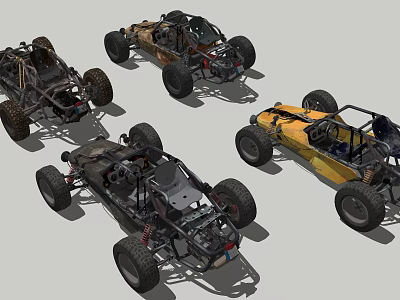 Four Off Road Buggies With Exposed Frames Large Tires And Various Colors 3d model