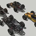 Four Off Road Buggies With Exposed Frames Large Tires And Various Colors