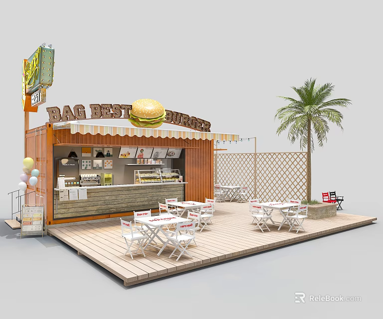 BAG BEST BURGERS Burger Restaurant With Palm Tree Outdoor Seating And Wooden Deck 3d model 