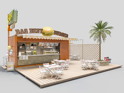 BAG BEST BURGERS Burger Restaurant With Palm Tree Outdoor Seating And Wooden Deck 3d model