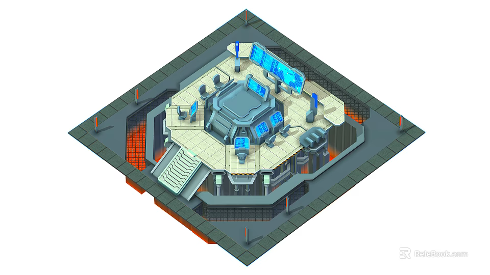 Cartoon Sci Fi Control Room Scene With Central Console Blue Screens Stairs And Technical Equipment 3d model 