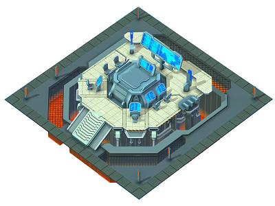 Cartoon Sci Fi Control Room Scene With Central Console Blue Screens Stairs And Technical Equipment 3d model