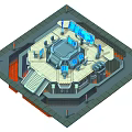 Cartoon Sci Fi Control Room Scene With Central Console Blue Screens Stairs And Technical Equipment