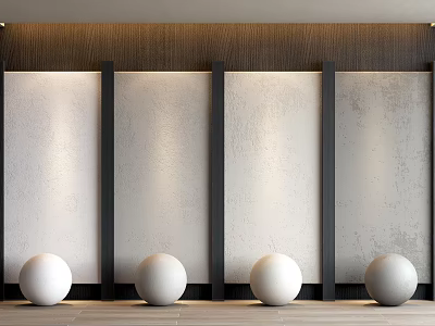 Modern Interior Wall With White Panels Black Dividers White Spheres Wooden Floor And Ceiling Lights 3d model