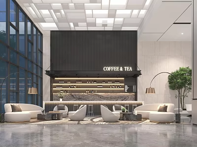 Modern Sales Office Interior With Coffee Tea Bar Sofas Large Windows And Green Plant 3d model