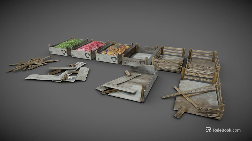Wooden Crates And Pallets For Storing Colorful Fresh Items In Various Styles 3d model 