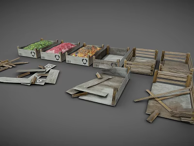 Wooden Crates And Pallets For Storing Colorful Fresh Items In Various Styles 3d model
