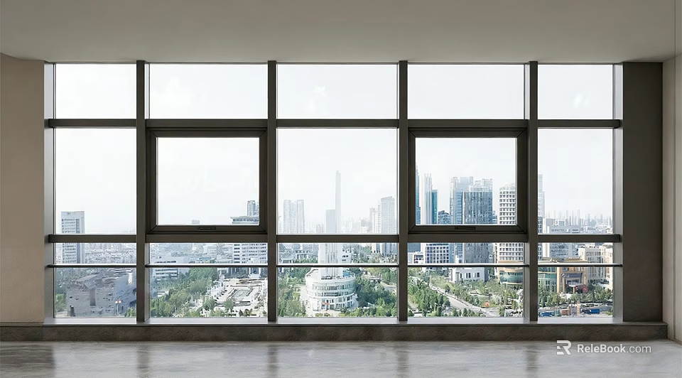 Floor to Ceiling Windows in Modern Empty Room with Panoramic Urban City Skyline View 3d model 
