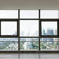 Floor to Ceiling Windows in Modern Empty Room with Panoramic Urban City Skyline View