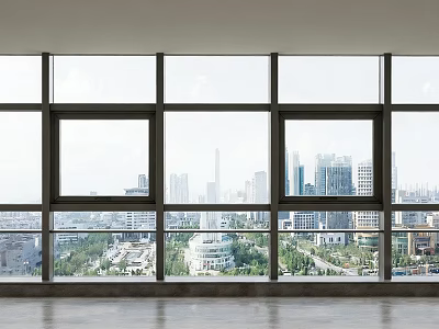 Floor to Ceiling Windows in Modern Empty Room with Panoramic Urban City Skyline View 3d model