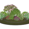 Colorful Flowering Shrubs In Circular Garden Bed With Green Leaves And Brick Edging