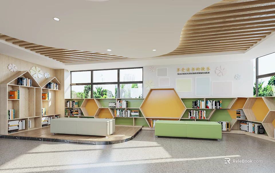 Creative Book Art Interior With Hexagonal Bookshelves And Green Comfort Seats 3d model 