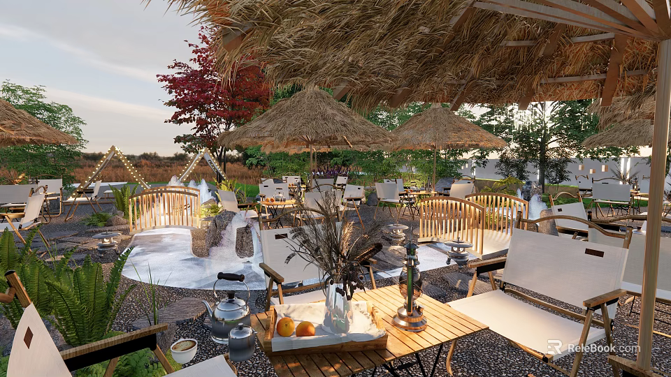 Garden Landscape Design With Thatched Roof Umbrellas Outdoor Seating And Natural Plants 3d model 