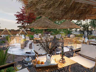Garden Landscape Design With Thatched Roof Umbrellas Outdoor Seating And Natural Plants 3d model