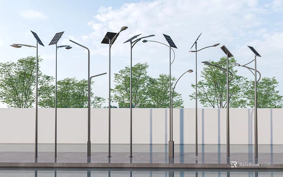 Solar Powered Outdoor Street Lights With Solar Panel On Top And Metal Poles 3d model 