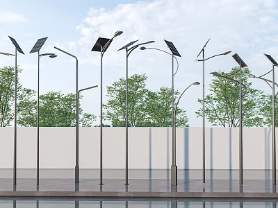 Solar Powered Outdoor Street Lights With Solar Panel On Top And Metal Poles 3d model