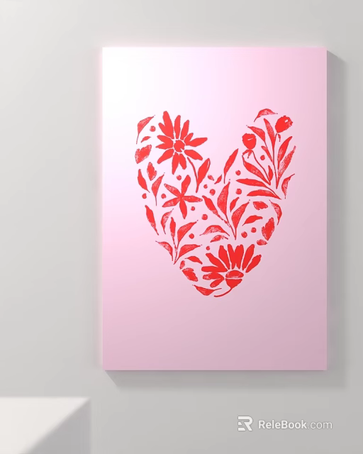 Red Floral Heart Design On Pink Background With Decorative Leaves And Flowers 3d model 