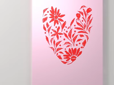 Red Floral Heart Design On Pink Background With Decorative Leaves And Flowers 3d model