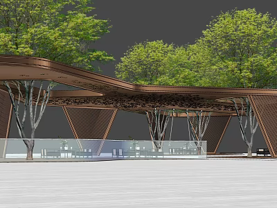 Modern Pergola With Brown Roof Geometric Structure Glass Railings And Green Trees 3d model