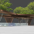 Modern Pergola With Brown Roof Geometric Structure Glass Railings And Green Trees