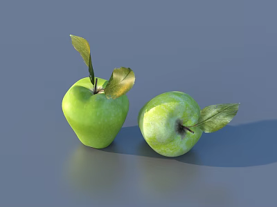 Two Fresh Green Apples With Leaves On Gray Background And Shadows 3d model