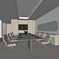 Modern Conference Room Interior With White Table Gray Chairs Wooden Walls And Wall TV